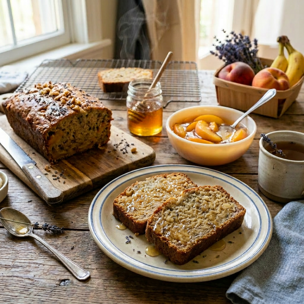 Slices of banana bread topped with peach slices, banana pieces, honey, and lavender on a plate