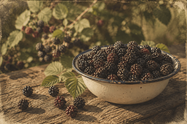 A bowl of freshly picked blackberries in warm late-afternoon light, evoking a remembered childhood summer.