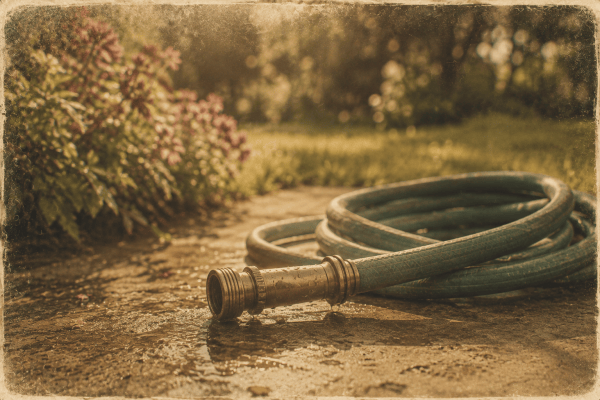 A worn garden hose in warm, faded late-afternoon light, evoking a remembered childhood summer.